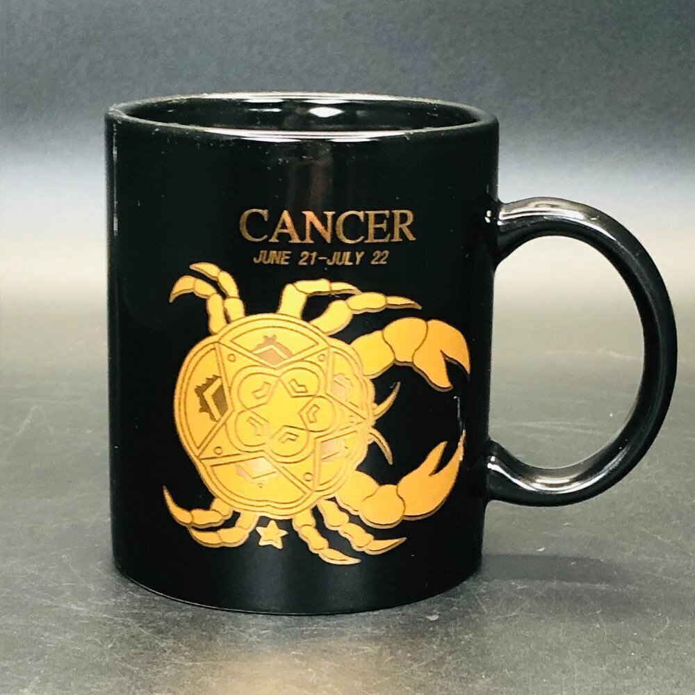 80s Zodiac CANCER Stoneware Coffee Mug Retro Black Gold Horoscope Cup Celestial